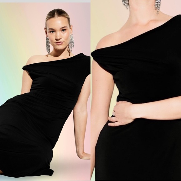 NWTS💓THE OCCASION M💓ELITE OLD NAVY LINE LUSTROUS BLACK ONE SHOULDER MIDI DRESS - Picture 2 of 14